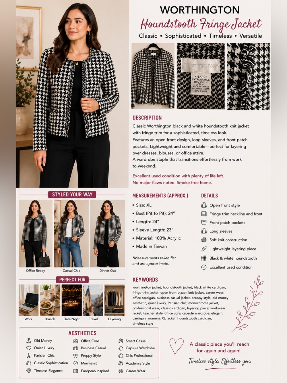 Worthington Black & White Houndstooth Fringe-Trim Jacket